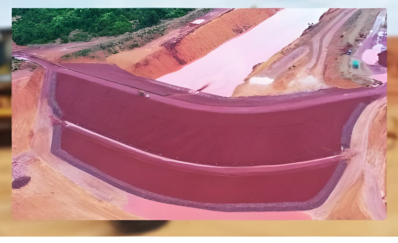 Vista aérea de lagoa revestida, com taludes em terra vermelha ao redor