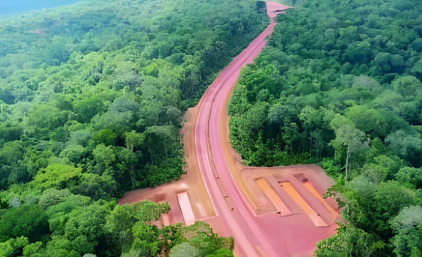 Vista aérea de estrada de terra vermelha aberta em meio à floresta, com pátios laterais